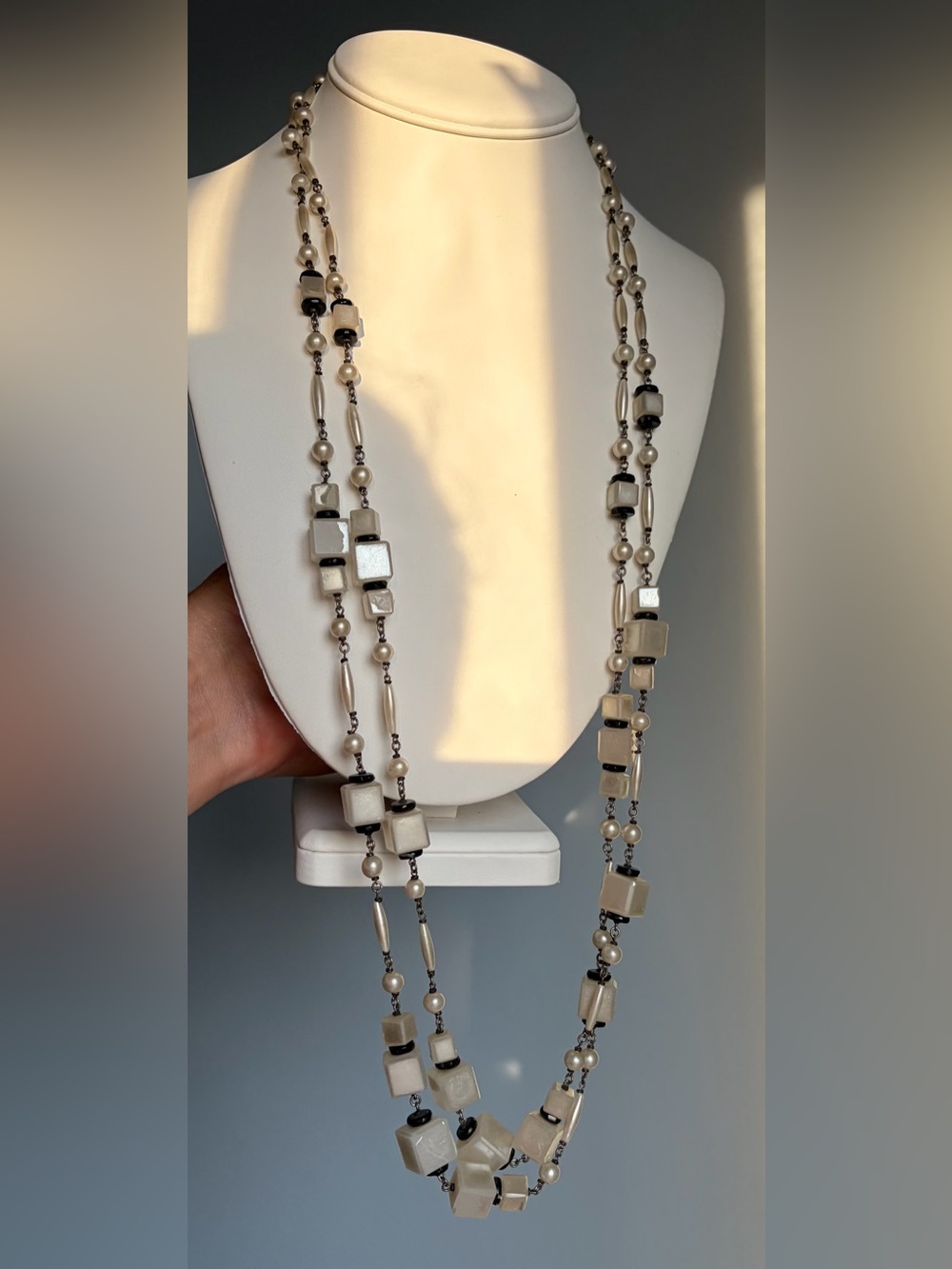 2 Vintage Pearl & Cream Bead Long Necklace